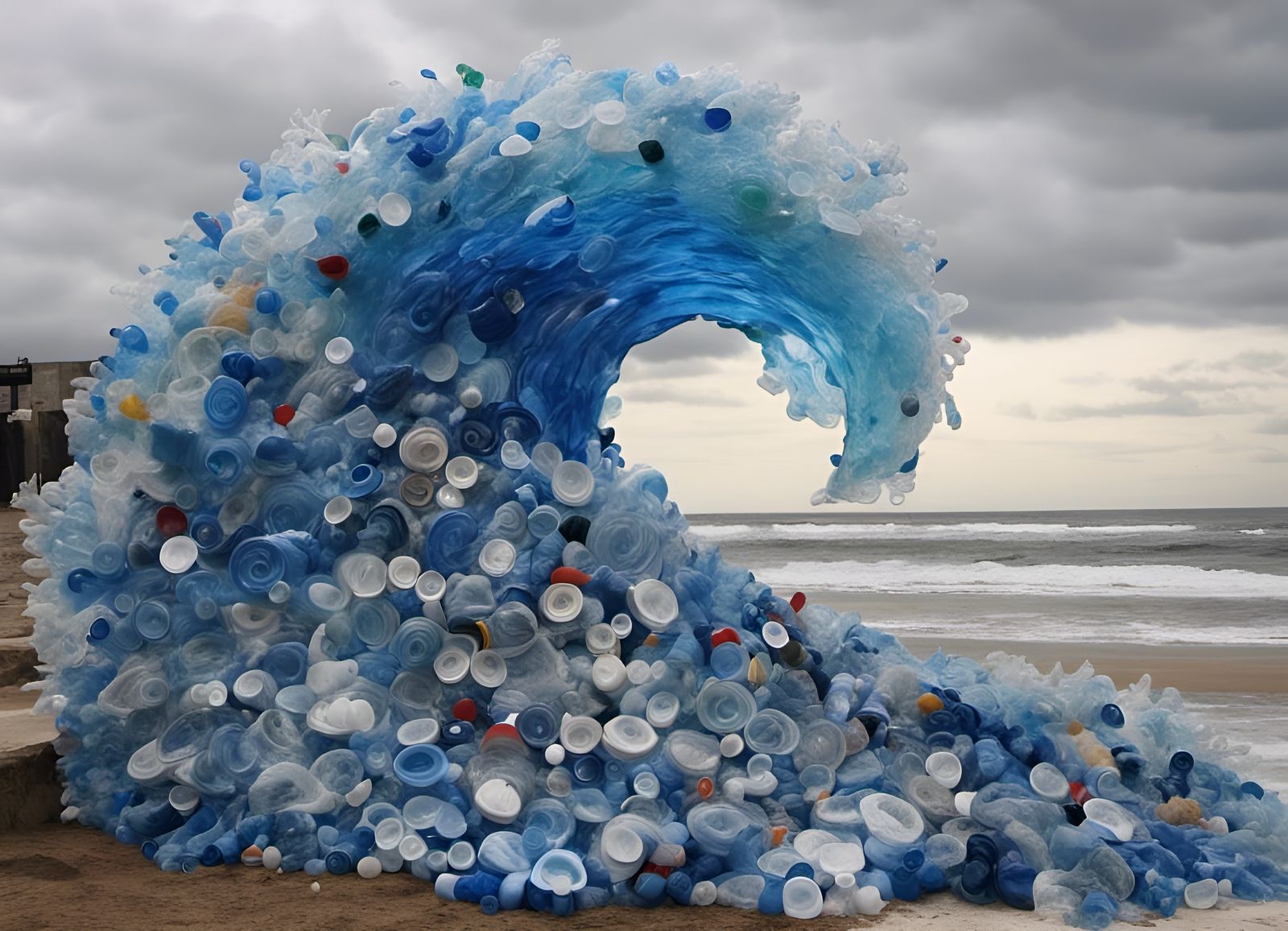 Hyperrealistic Ocean Wave Sculpture from Plastic Waste