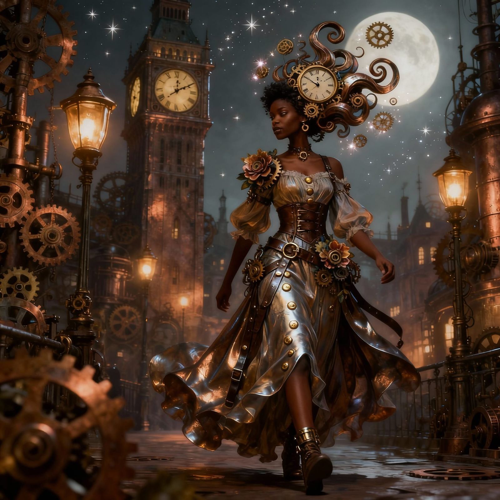 Steampunk Woman in Victorian London Night