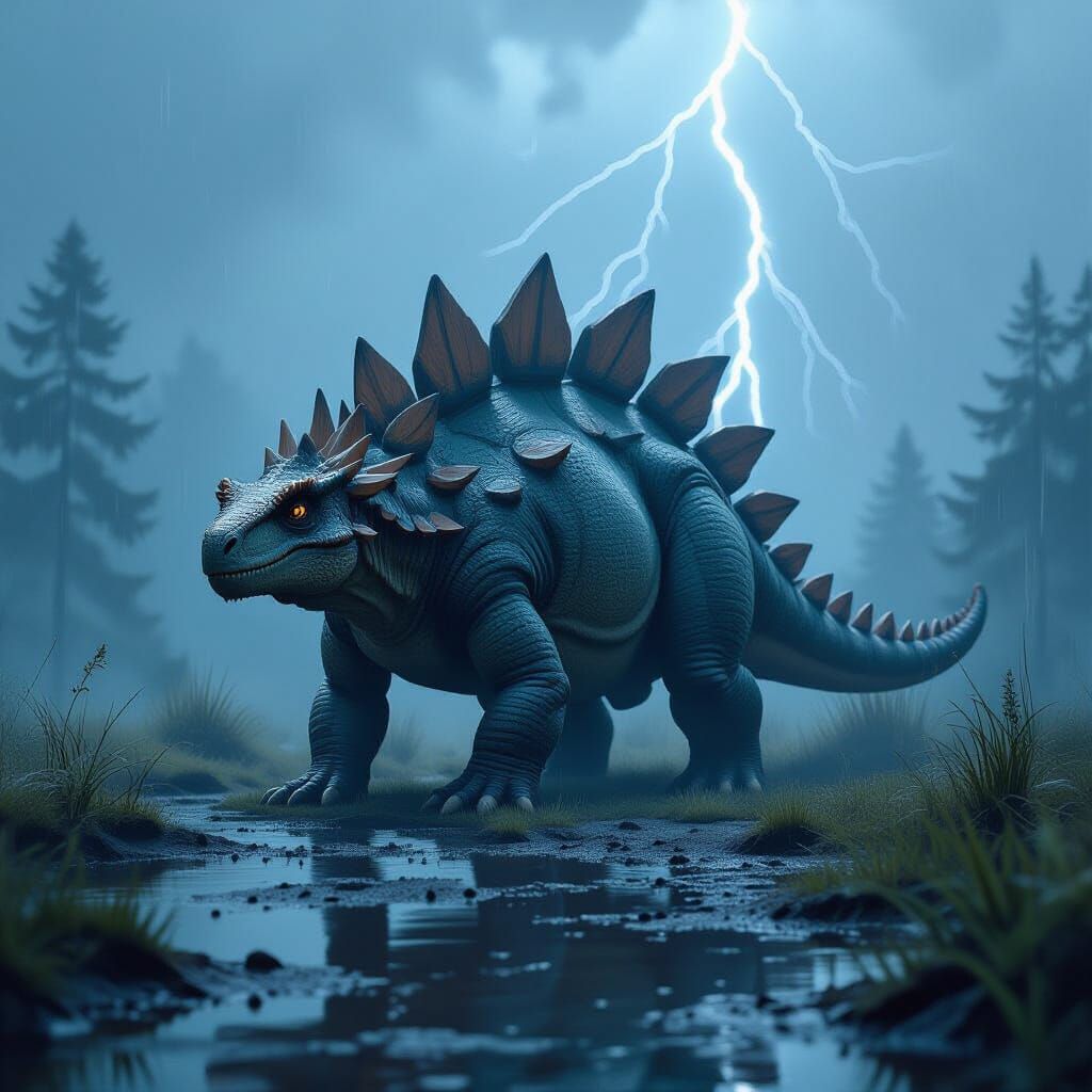 Stegosaurus in Thunderstorm: Dramatic Science Fantasy Art