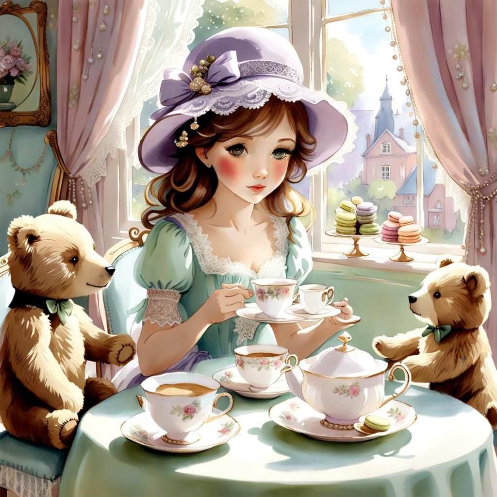Pastel Tea Party with Bears in Watercolor Style