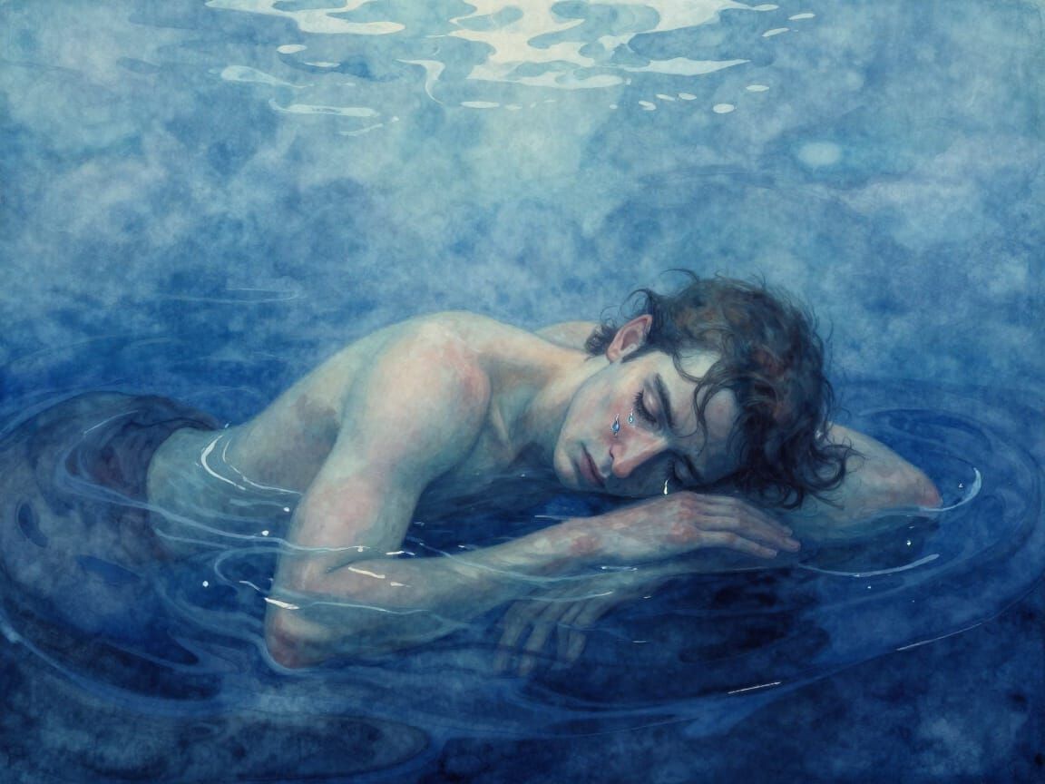 Man Floats in Sapphire Ocean of Grief