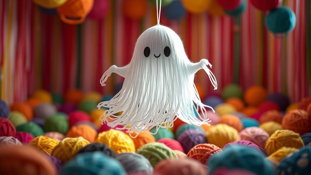Chibi Yarn Ghost Floating in Colorful Room