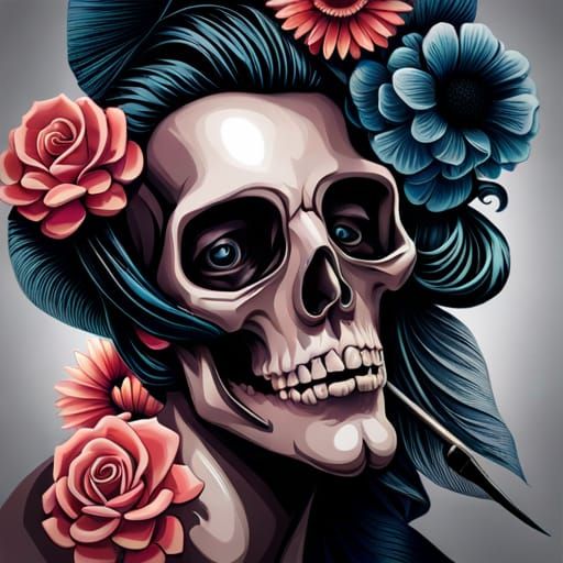 Hyperdetailed Skull and Flowers Portrait