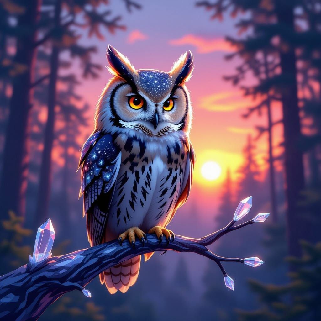 Alien Owl Perches on Crystal Branch in Hyper-Realistic Fores...