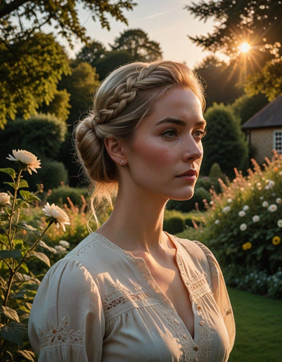 Young Woman Longing for Sunset in English Countryside