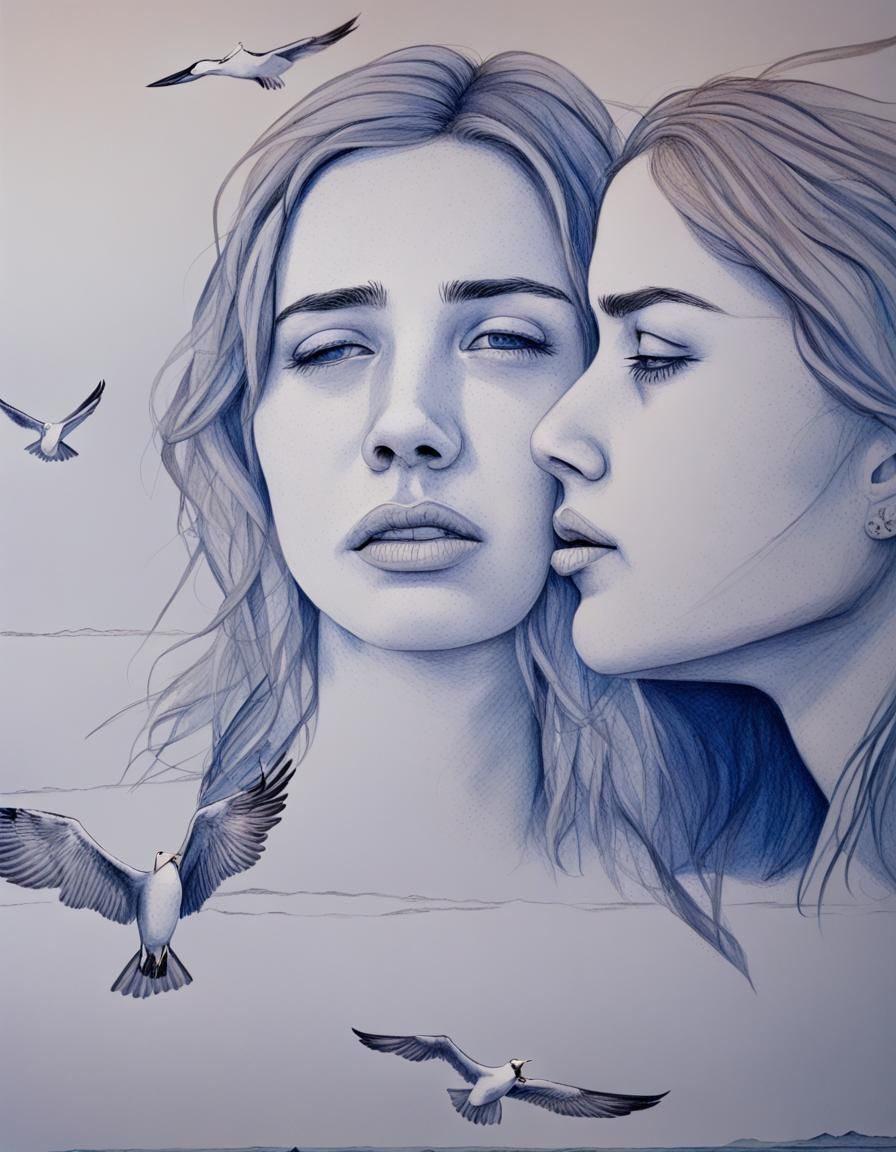 Woman Remembers Beach Sunset in Pen and Pencil Art