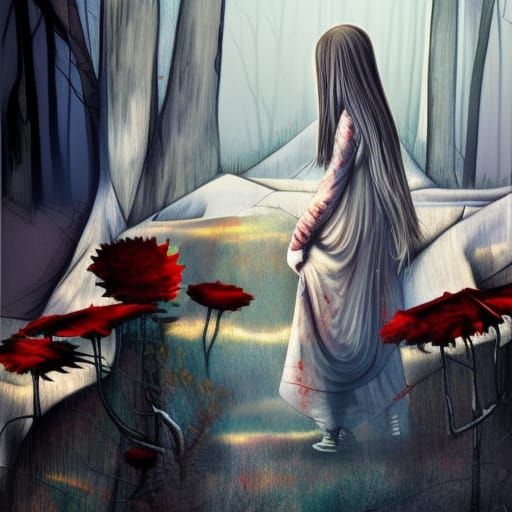 Ethereal Ghost Girl in Forest, Mixed Media Style