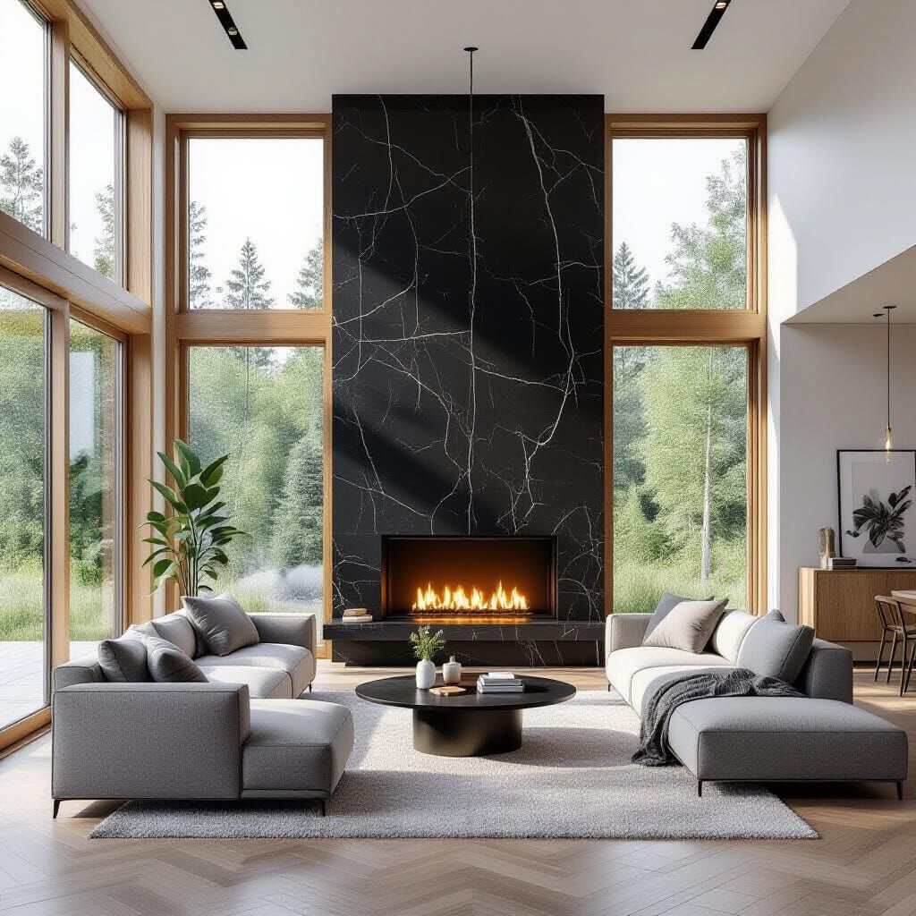 Minimalist Living Room with Black Marble Fireplace