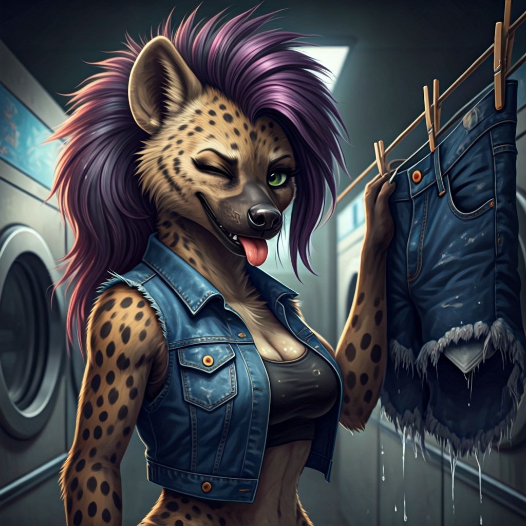 She-Hyena in Laundromat Hanging Wet Shorts