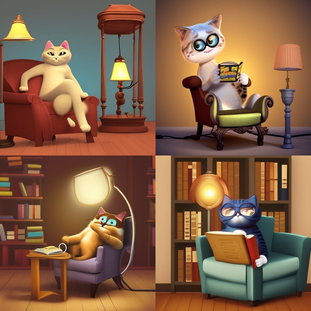 Grinning Cat Reading Book: Pixar-Style 3D Art
