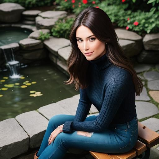 Moonlit Courtyard: Brunette by Waterfall at Night