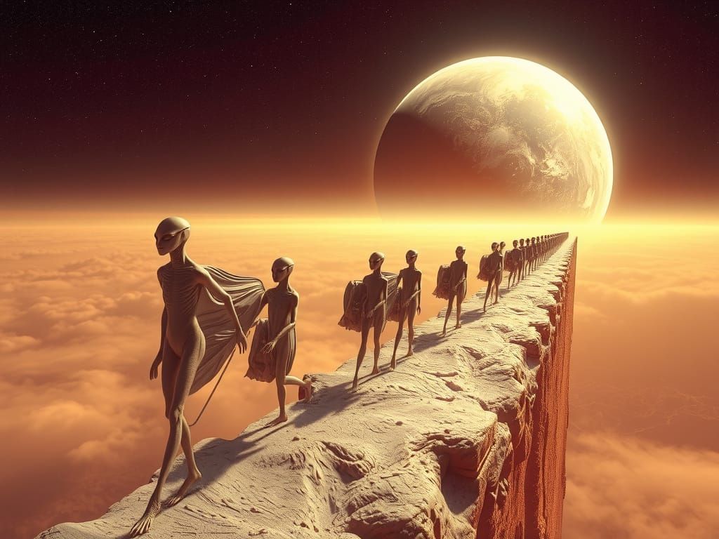 Glowing Alien Beings on an Infinite Path