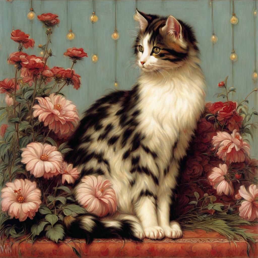 Cat Surrounded by Flowers in Classical Style