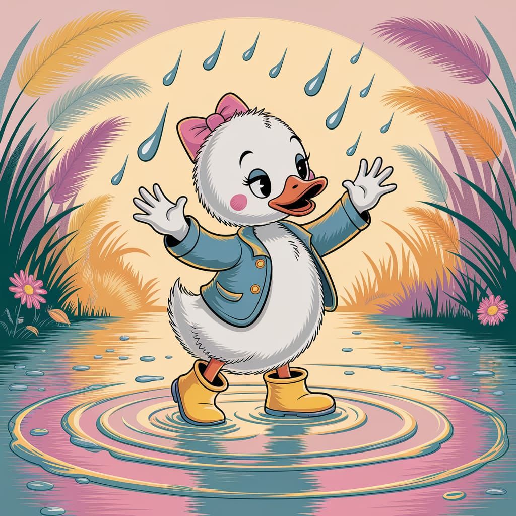 Duckling Dances in Rainy Puddle: Children's Illustration