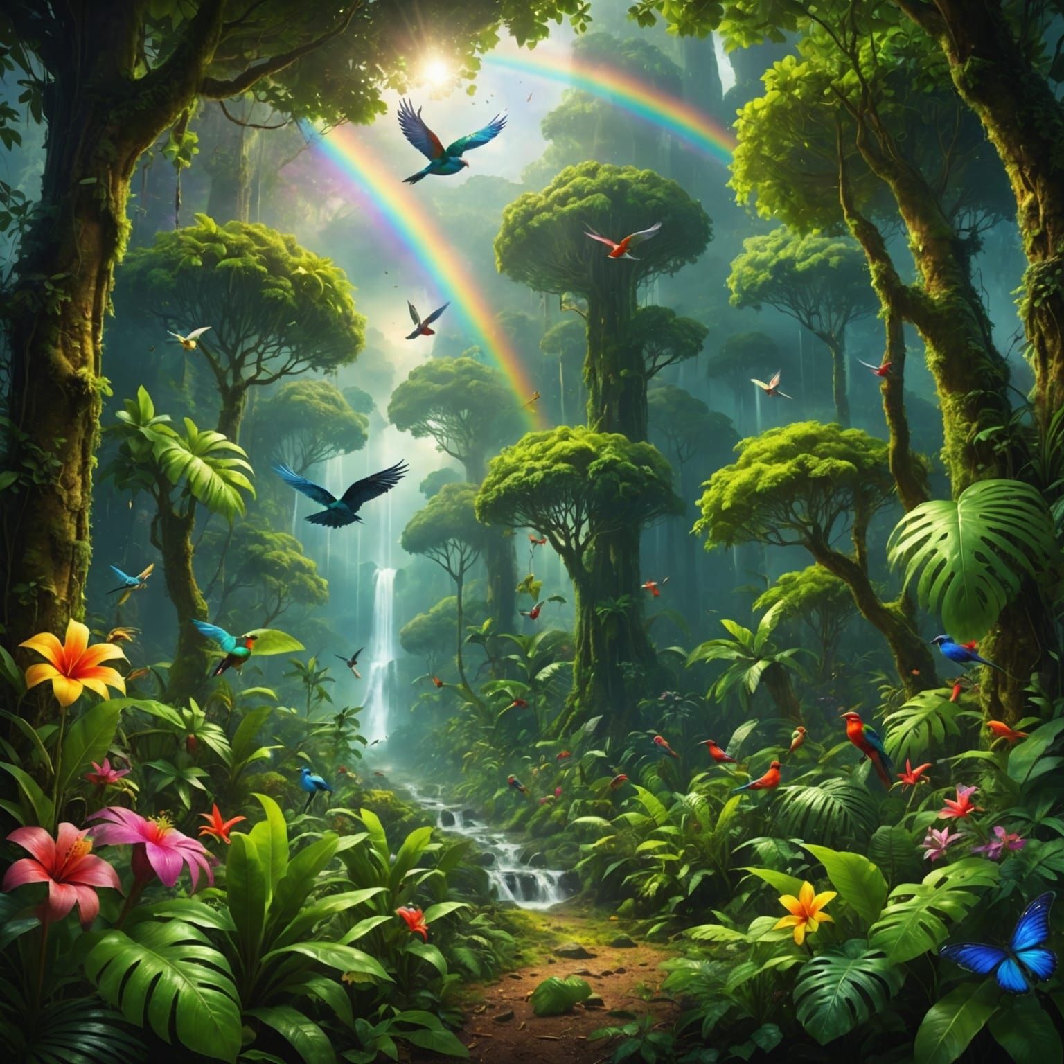 Luminous Rainforest with Magical Flora and Fauna