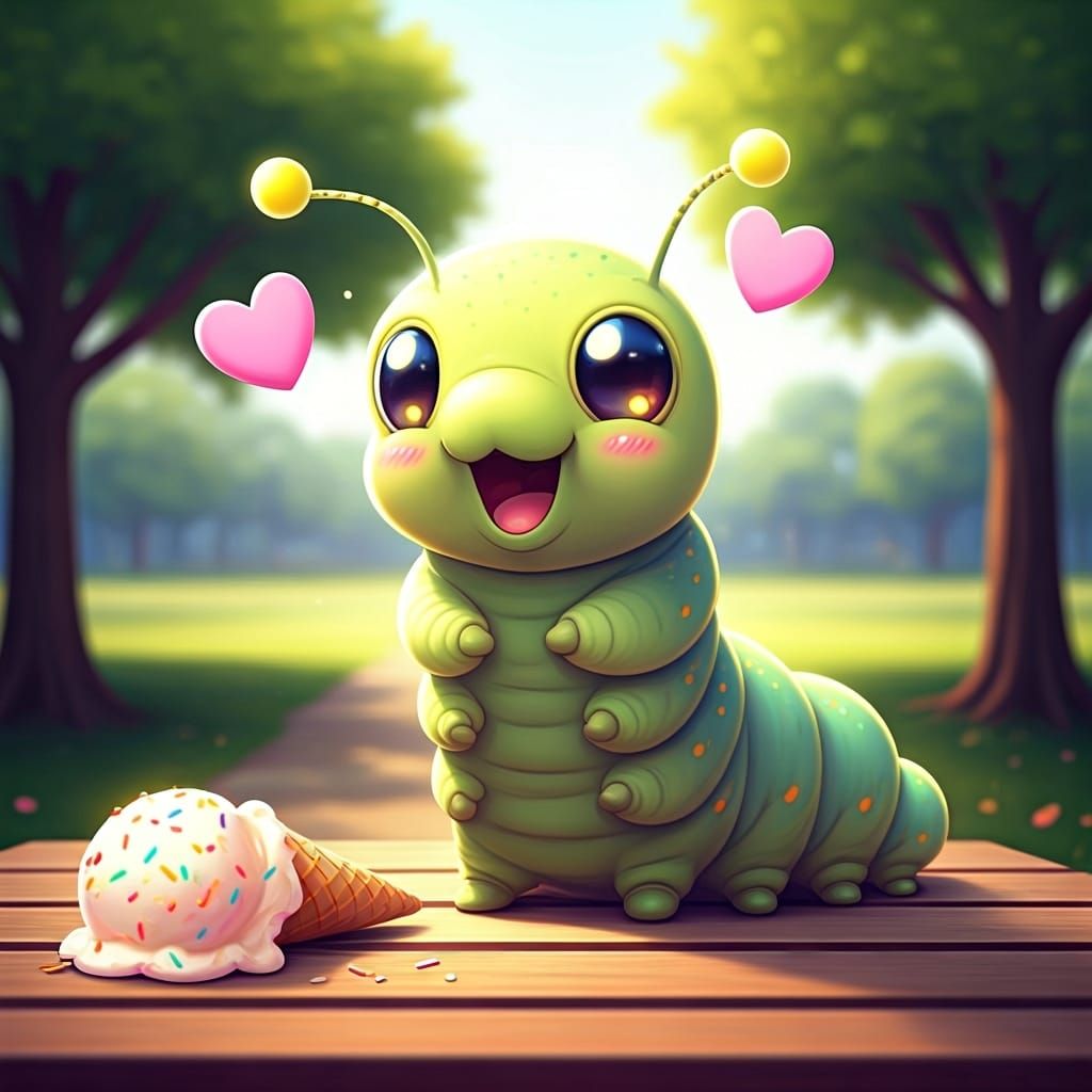 Chibi Caterpillar's Sweet Discovery in Kawaii Anime Style