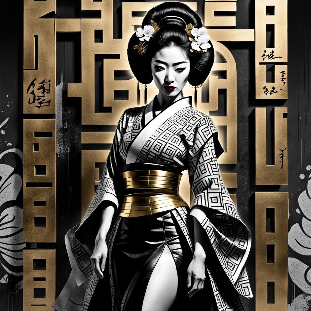 Geisha Portrait in Brutalist Op Art Style