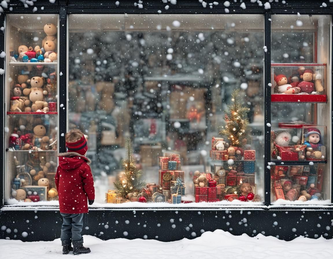 Boy Longing at Christmas Toys in Snowy Window