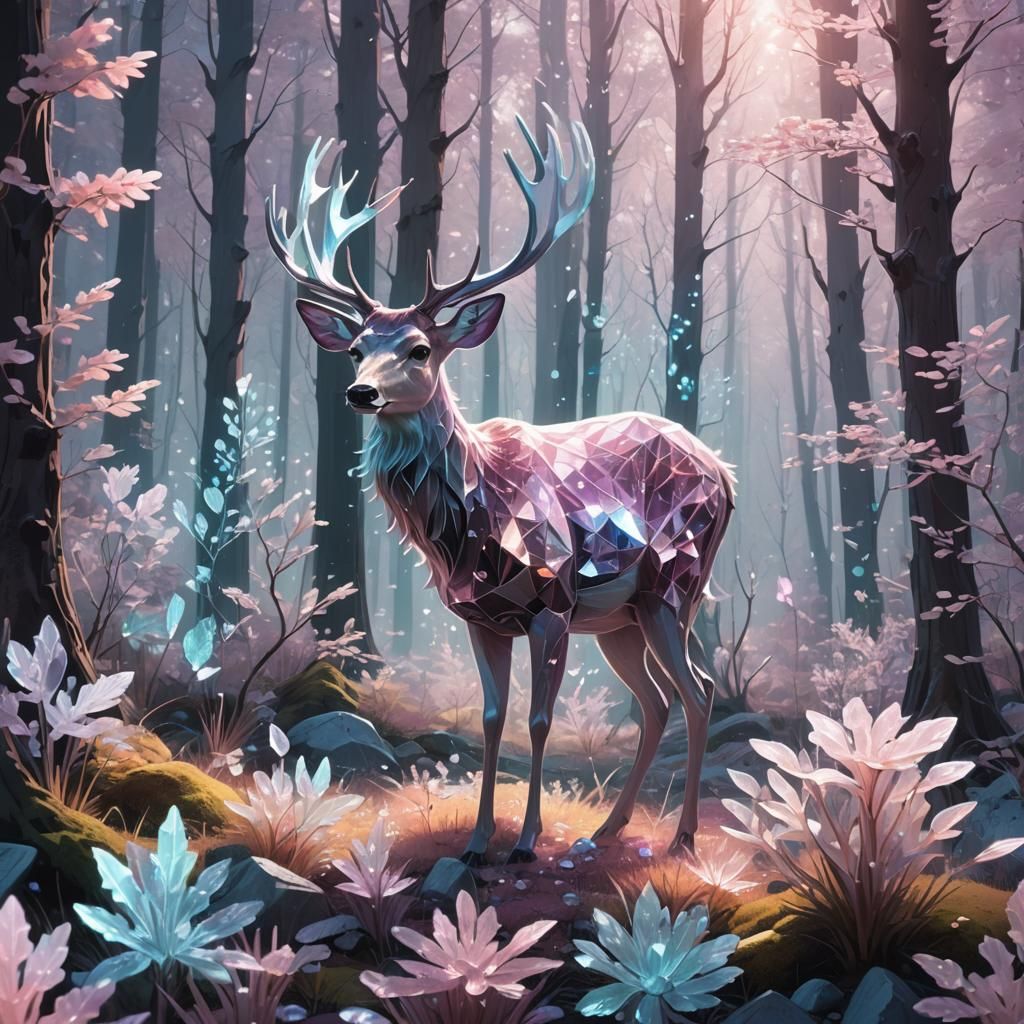 Crystal Deer in Iridescent Forest: Digital Art