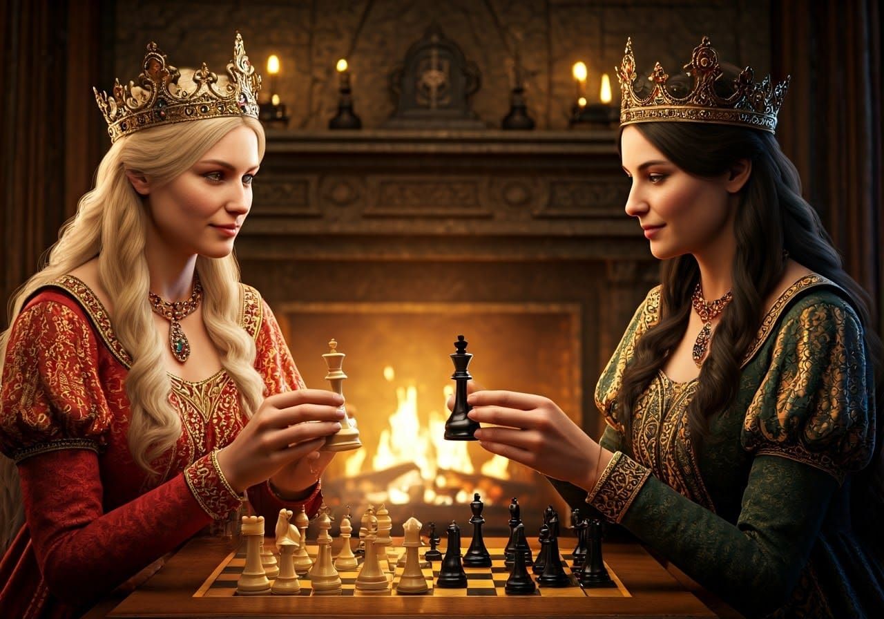 Medieval Queens Play Chess in Elegant, Intricate Setting