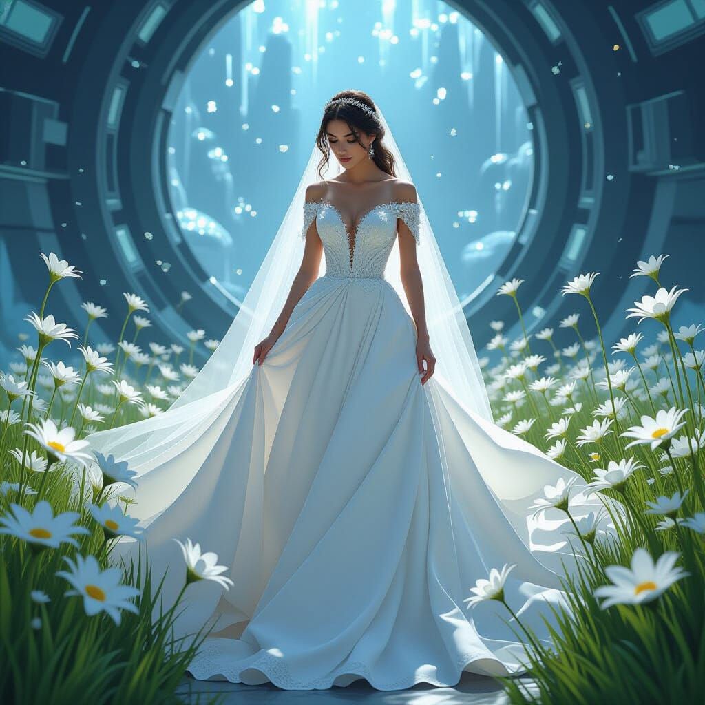 Futuristic Bride with Edelweiss in Digital Painting Style