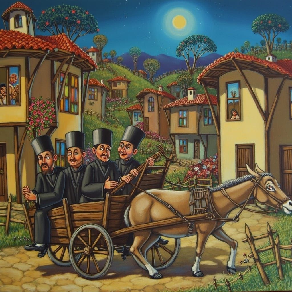 Inebriated Priests' Midnight Ride in Naive Art Style
