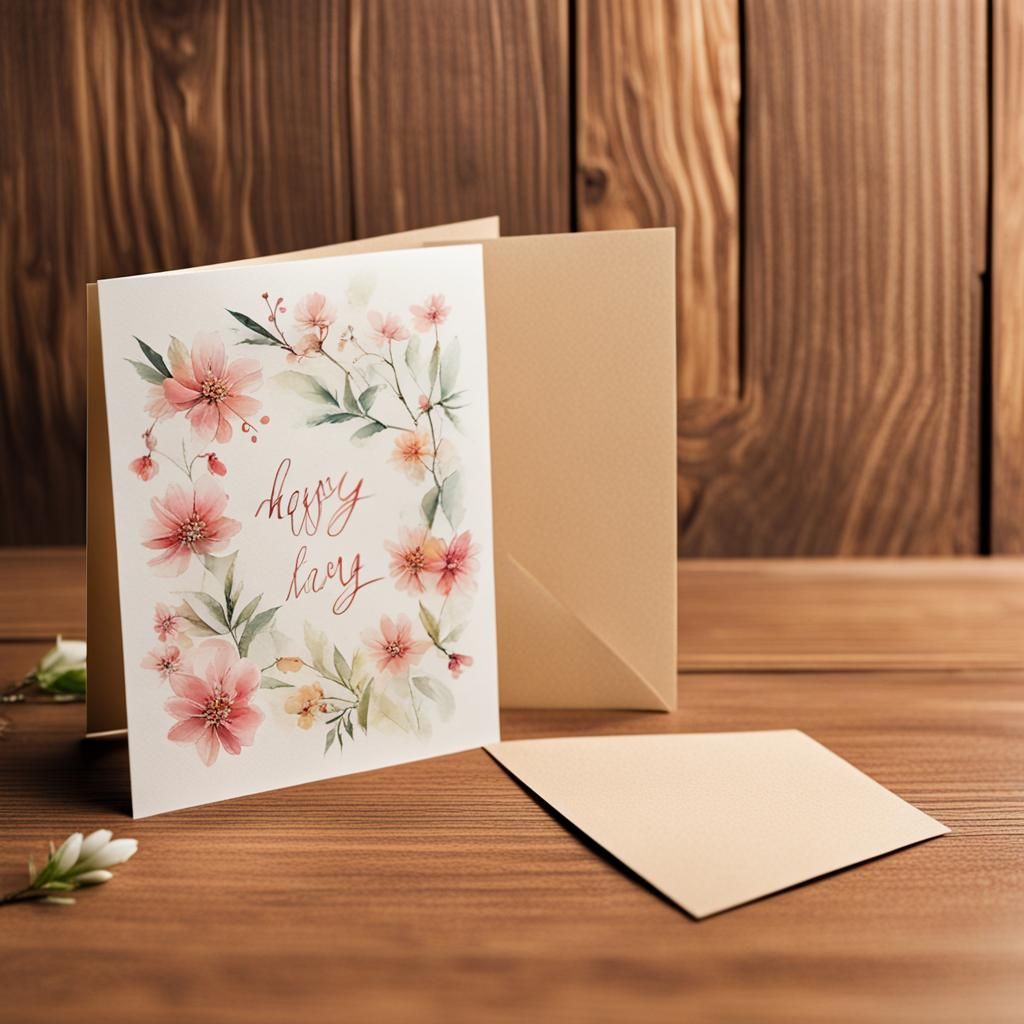 Close up of a greeting card displayed on a wooden desk