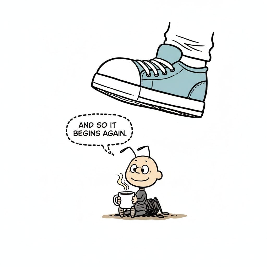 Comic Ant Faces Doom with Coffee, Schulz Style