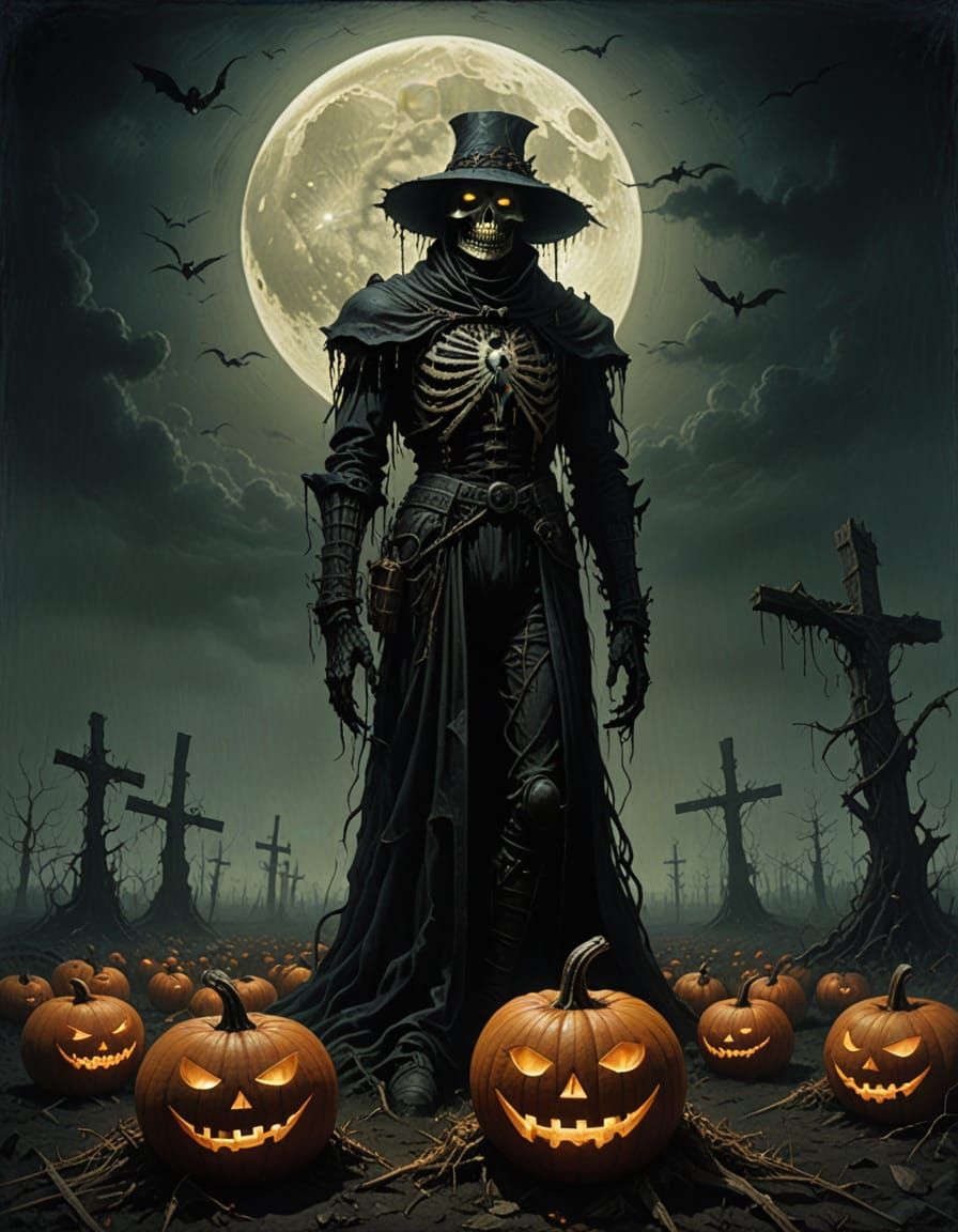 Surreal Scarecrow in Moonlit Decaying Field