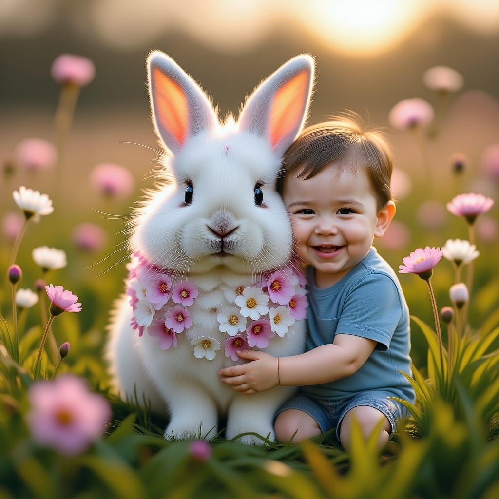 Cute Character Snuggled Up to Bunny in Realism