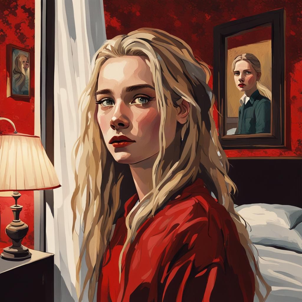 Realistic Woman in Modern Hotel Room with Red Wallpaper