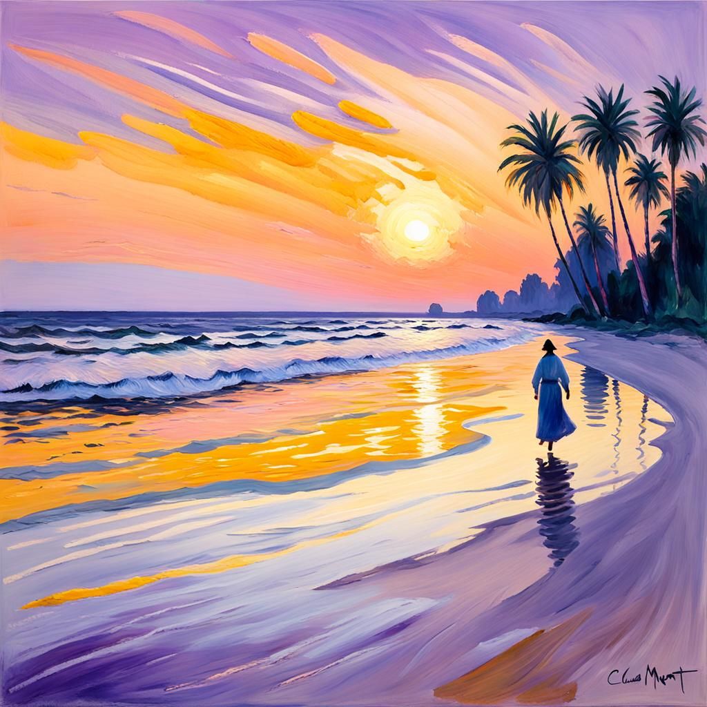 Beach Sunset in Vivid Impressionistic Style