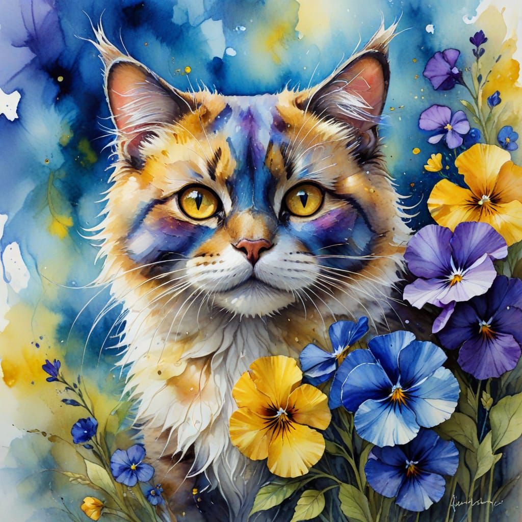 Raggedy Cat with Pansies as Ink Wash Art