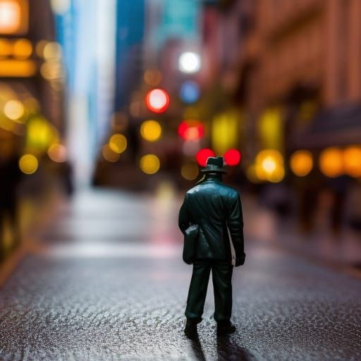 Noir Detective Figurine in Cyberpunk Tokyo Diorama