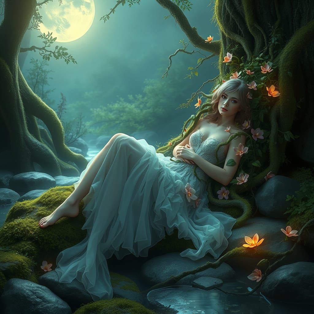 Ethereal Forest Nymph in Bioluminescent Dreamscape