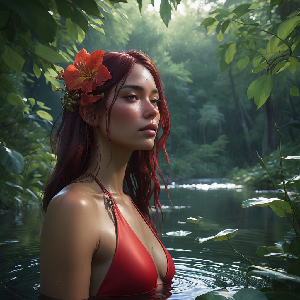 Elegant River Goddess in Vibrant Red Bikini