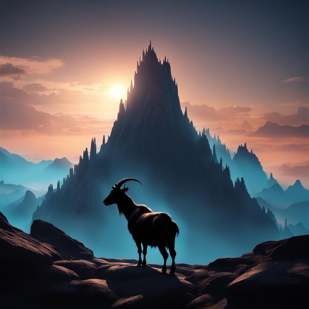 Goat Silhouette Reveals Mountain Landscape in Detailed Paint...