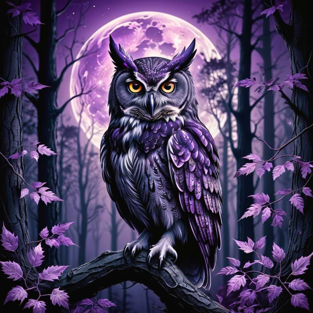 Mystical Owl in Gothic Purple Forest