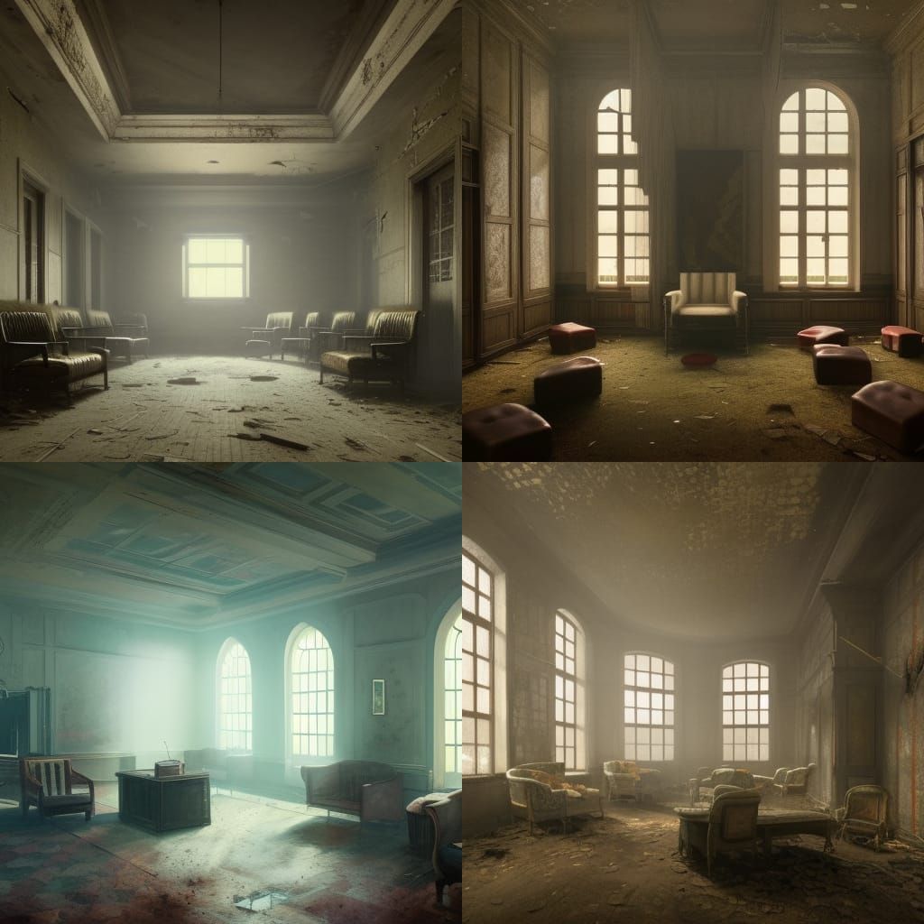 Abandoned 1920s Hospital Waiting Room in Dark Fantasy Style