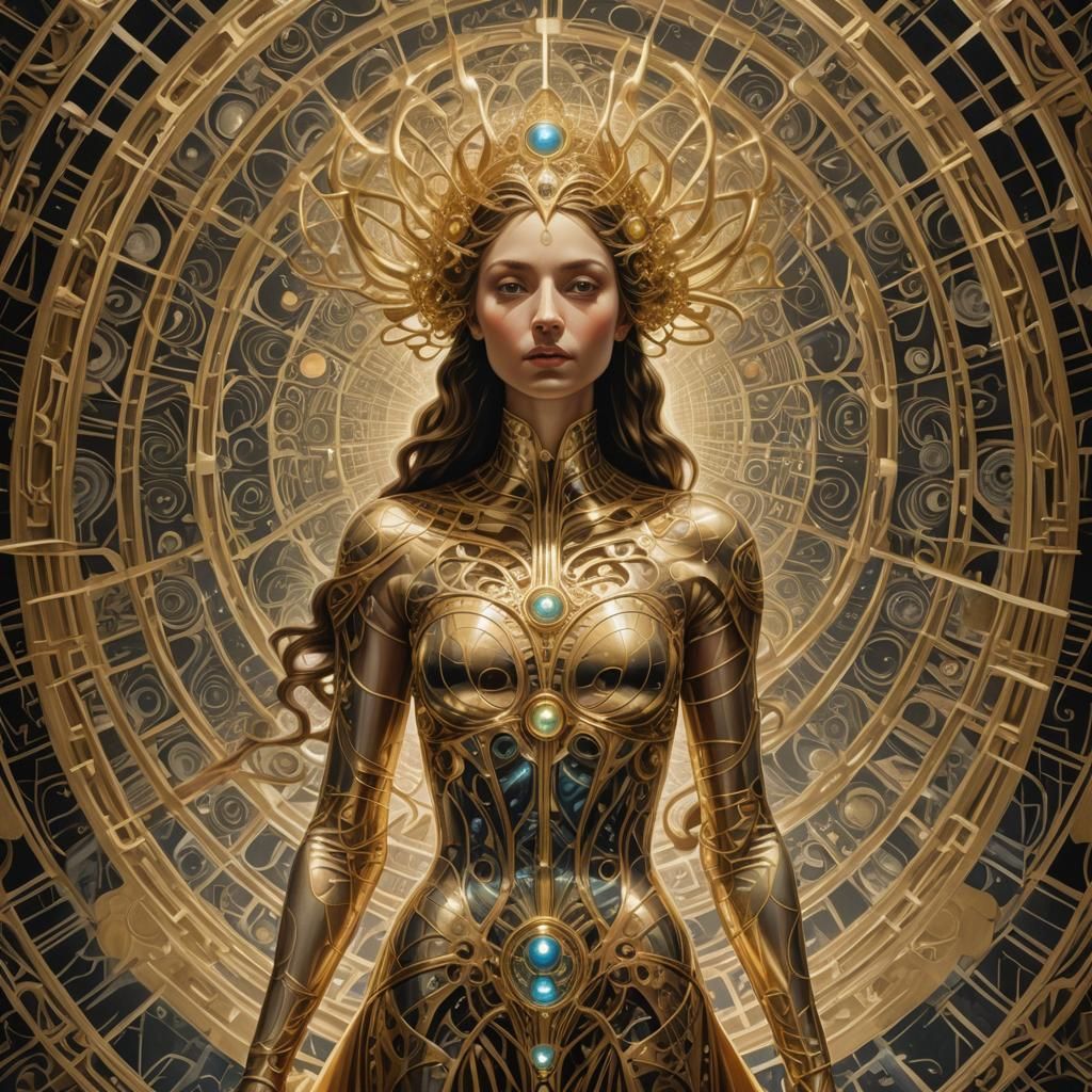 Golden Woman in Baroque Gown with Neural Orbs