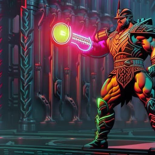 Muscle Bound Viking holding a balloon Giant, attractive, muscular, menacing street warrior, preparing to fight at a priv...