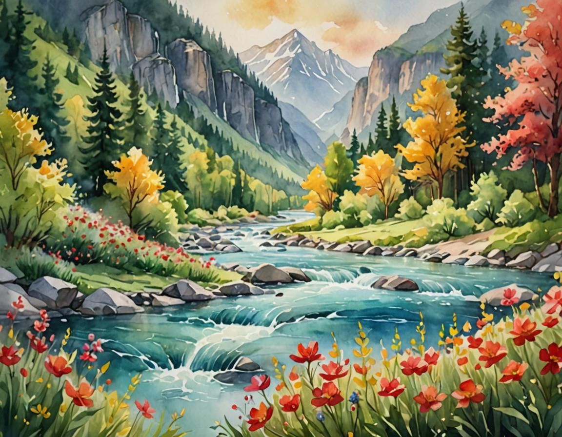Vibrant Watercolor Landscape with River and Flowers