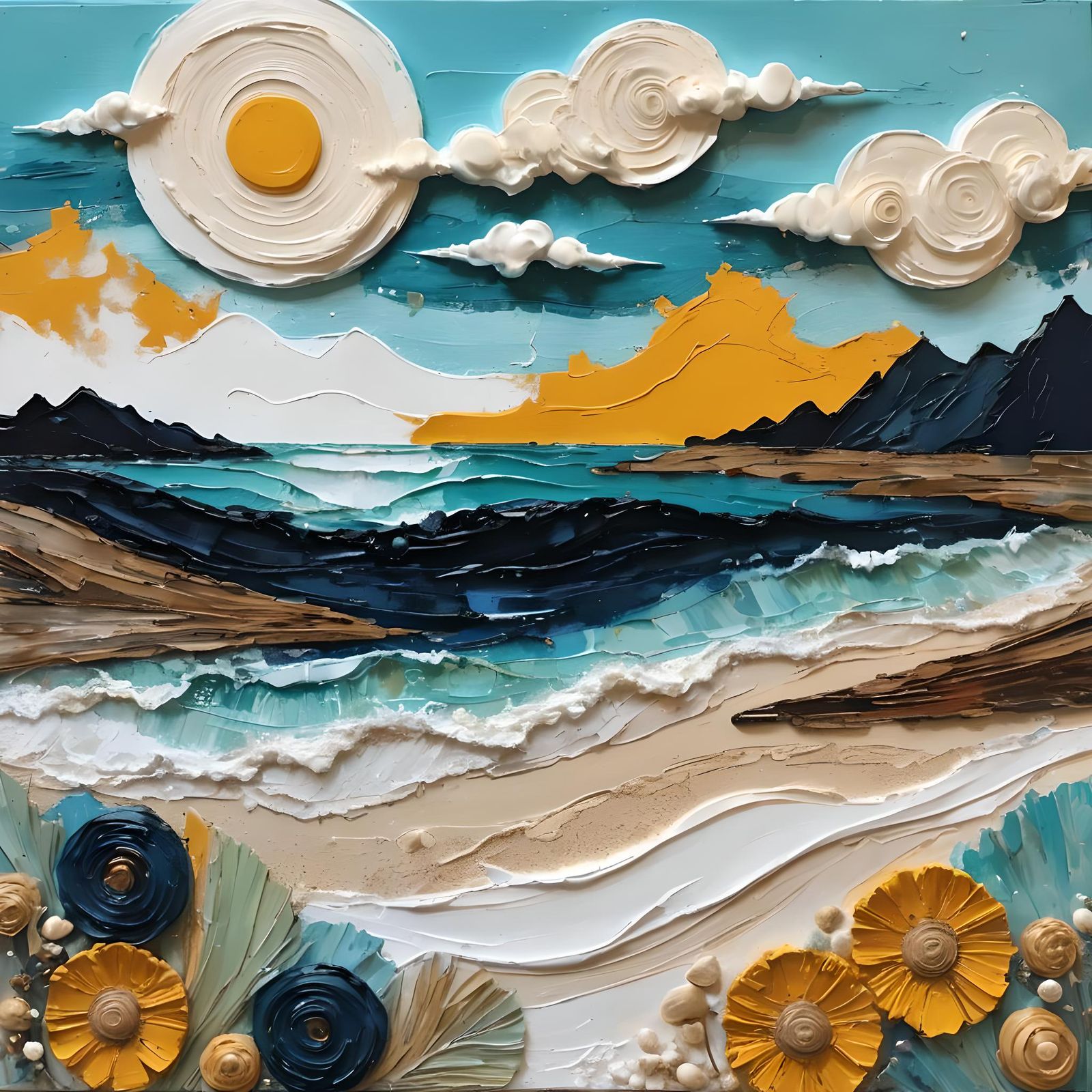 Textured Beach-scape in Impasto Mixed Media Style
