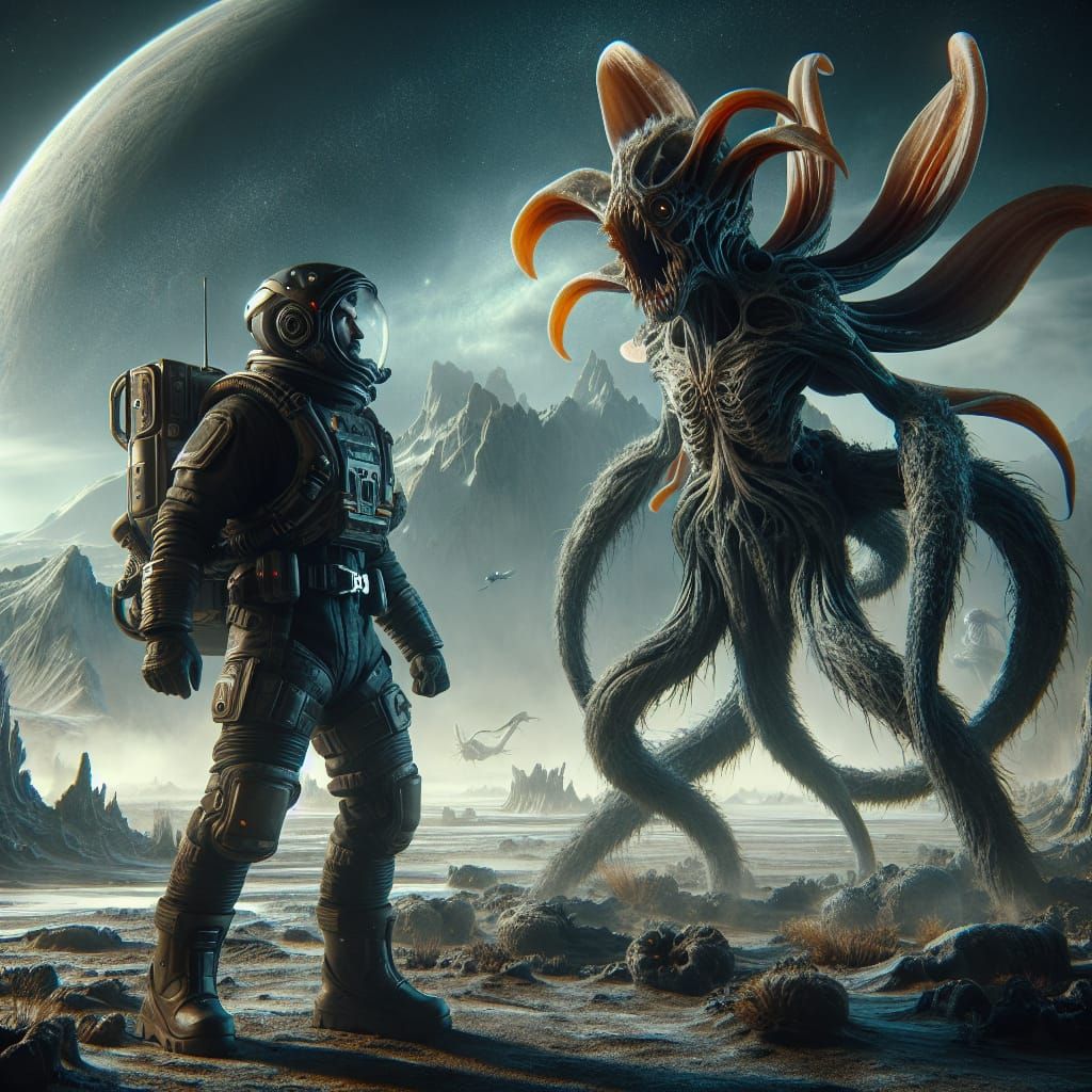 Explorer Confronts Alien Plant Creature in Surreal Landscape