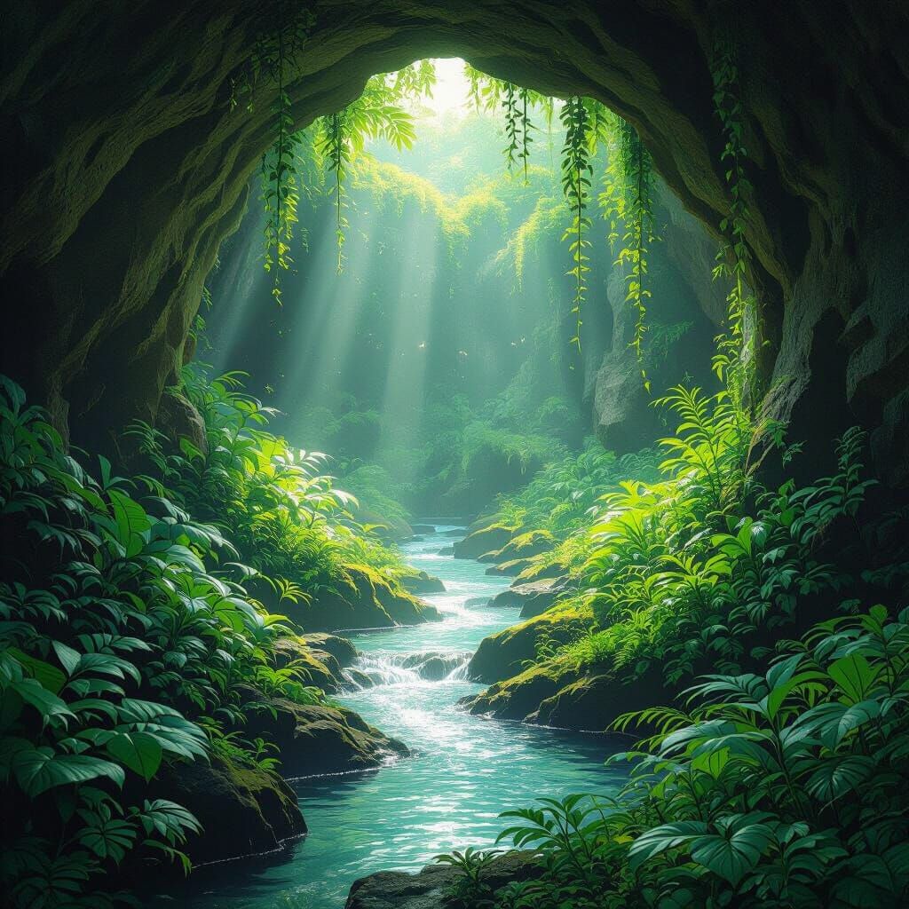 Lush Cave Stream: Digital Art in Ethereal Light
