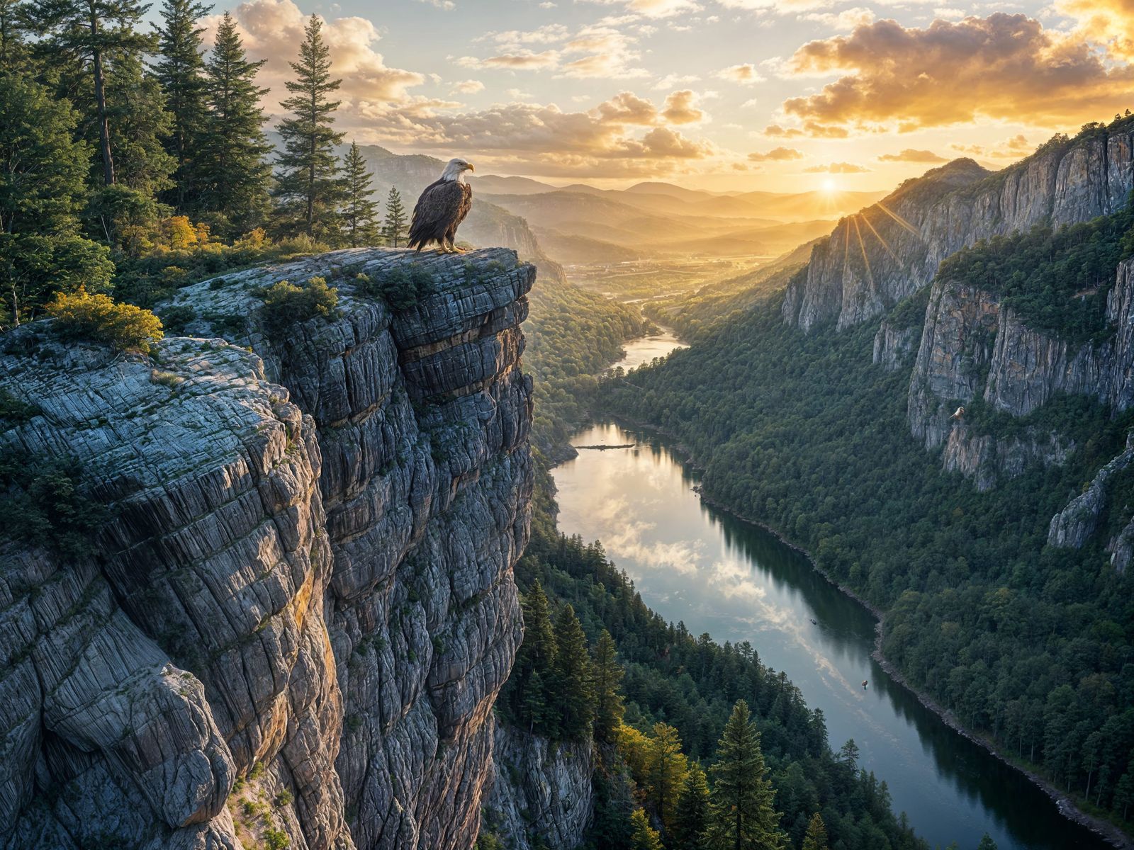 Majestic Eagle Soars Above Serene River Valley at Sunrise