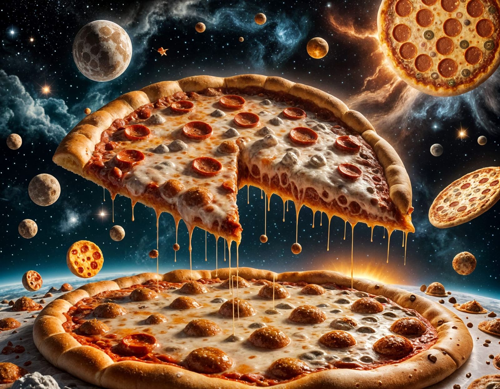 Giant Pizza Planet Floating in Outer Space