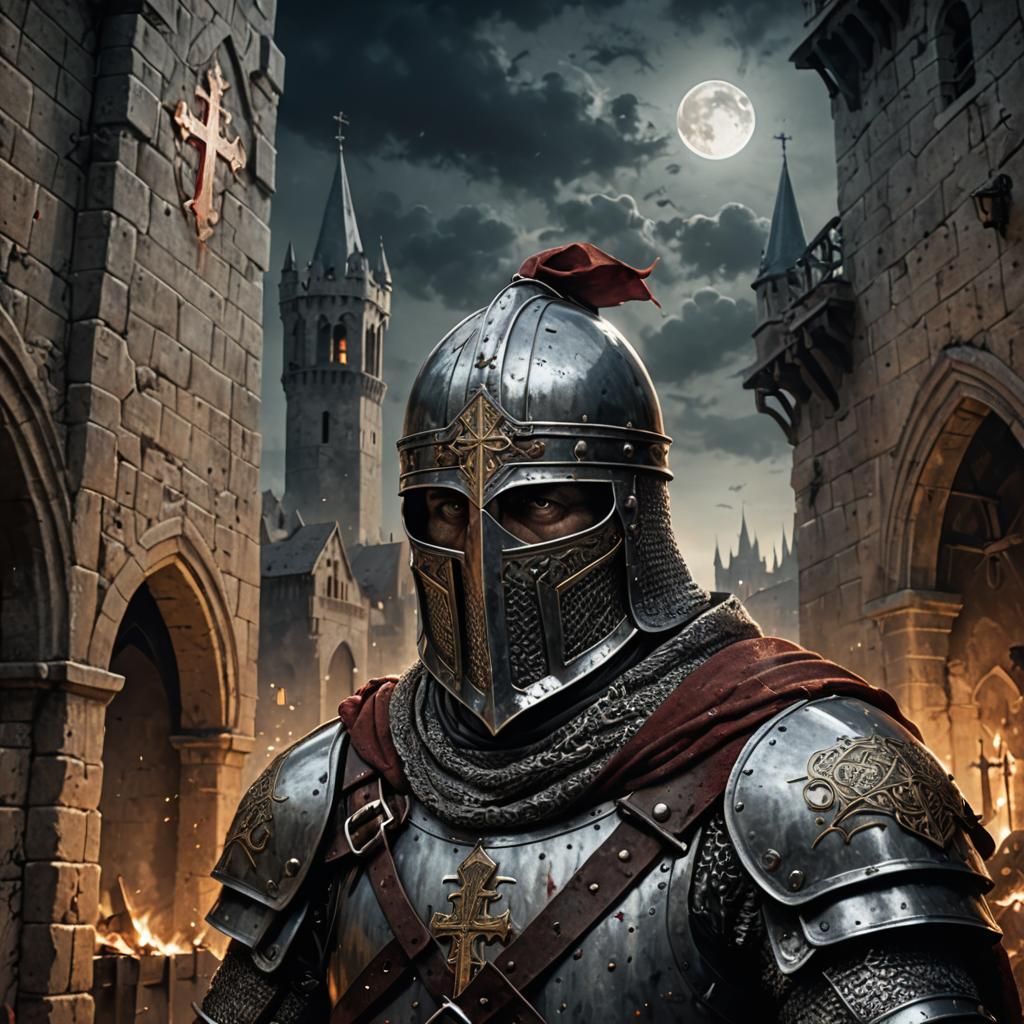 Crusader Knight Portrait Ready to Storm Besieged City