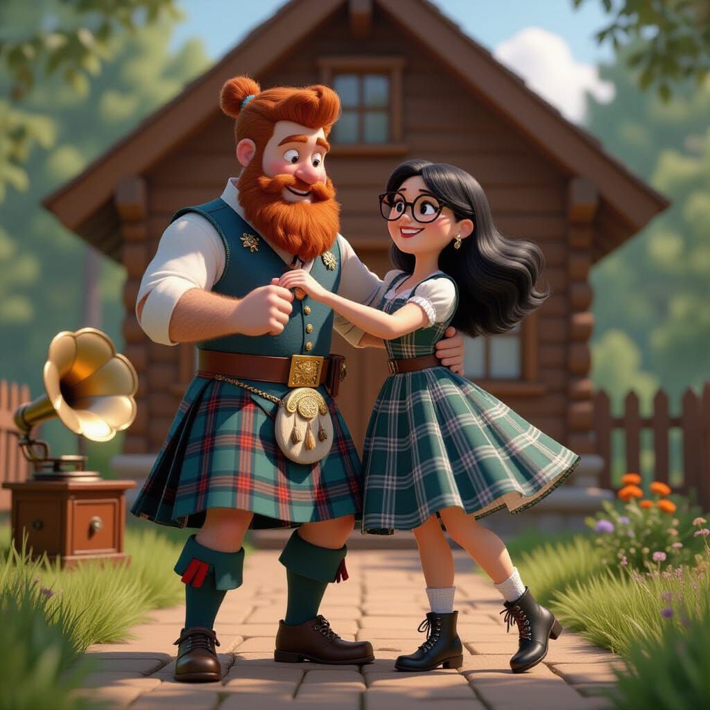 Scottish Dance Duo in Vibrant 3D Style