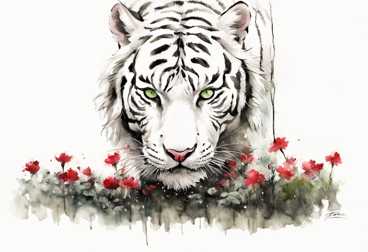White Tiger Sniffing Flowers in Charcoal and Watercolor